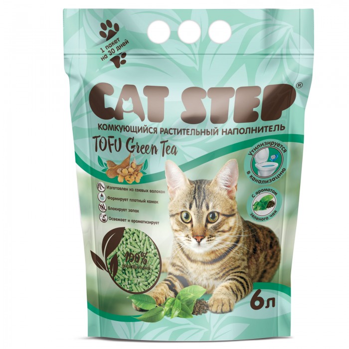 Наполнитель комкующийся растительный CAT STEP Tofu Green Tea, 6л