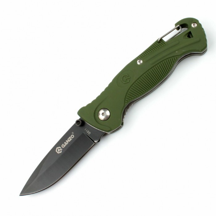 Нож складной "Ganzo" с зажимом и встроенным свистком, дл.клинка 75 мм, сталь 420С,цв.зелёный G611-GR