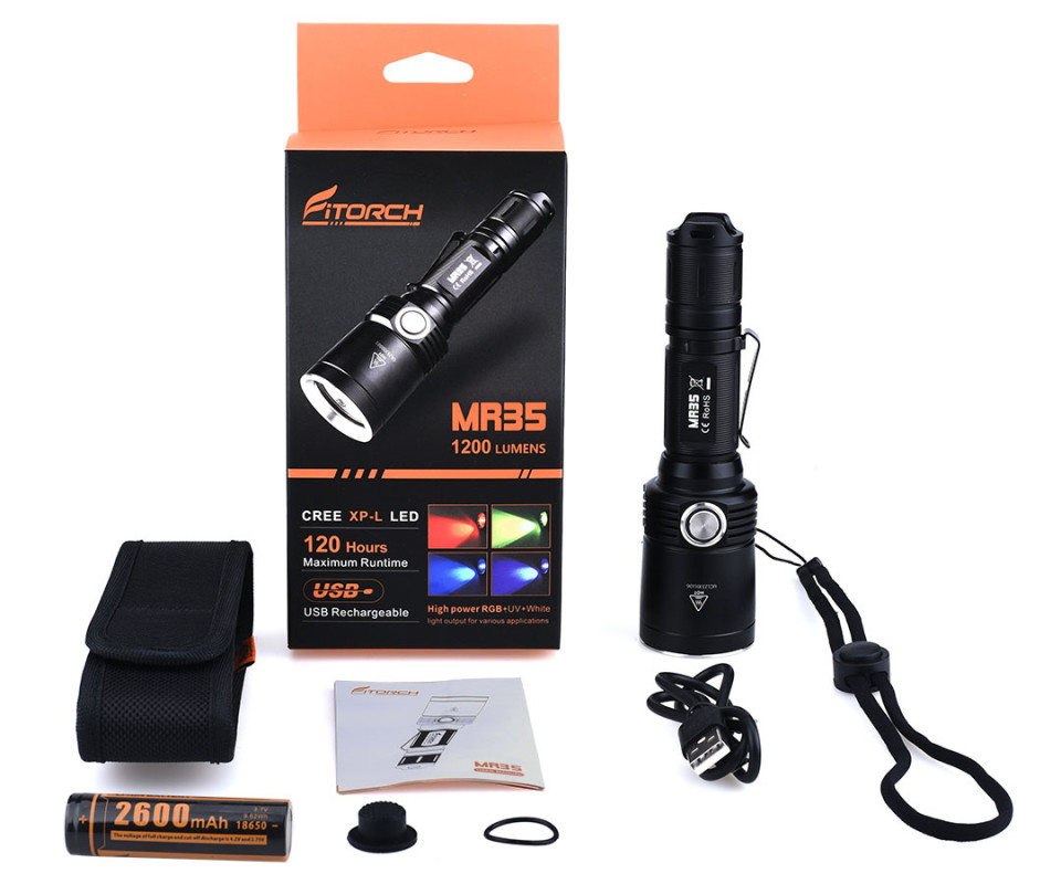 Фонарь FiTorch MR35 охотничий (USB зарядка, 5 светодиодов: синий, красный, белый, фиолетовый, УФ)